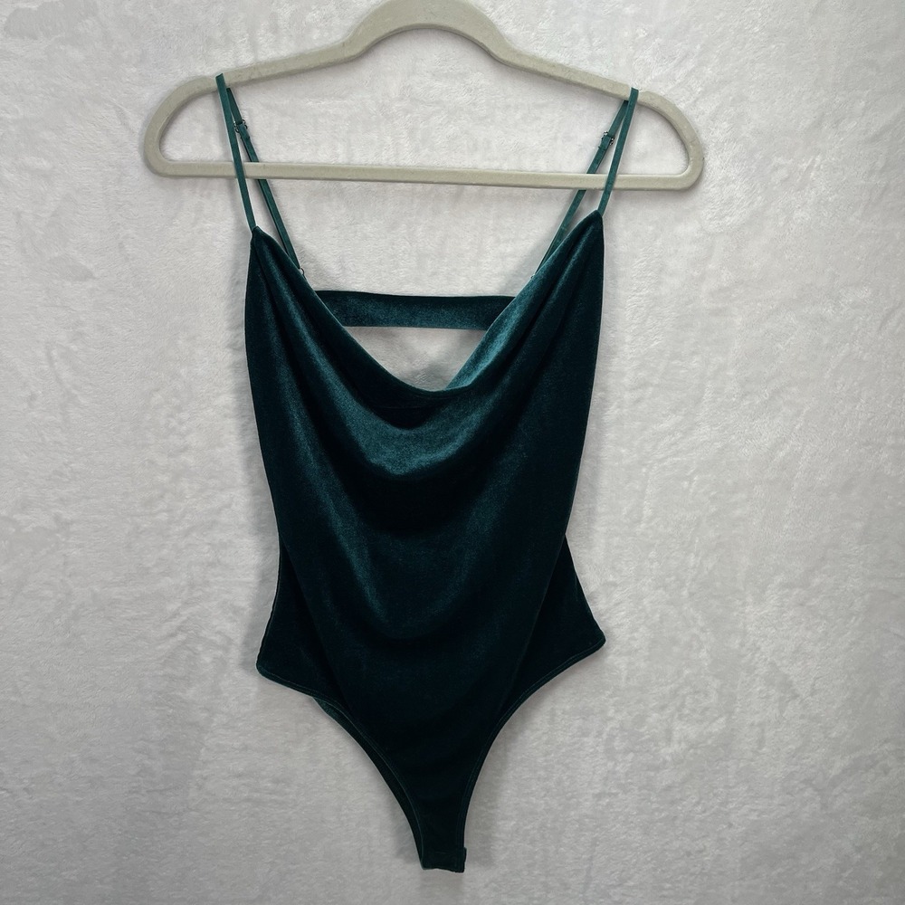 Fashion Nova Velvet Bodysuit Womens Small Emerald Green Open Back Holiday